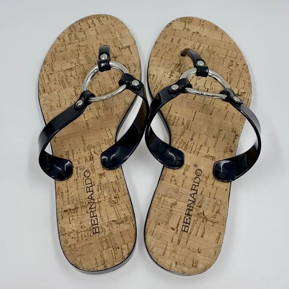 Bernardo Jelly Thong Sandals in Black/Cork/Silvertone Size 10 - Picture 4 of 7